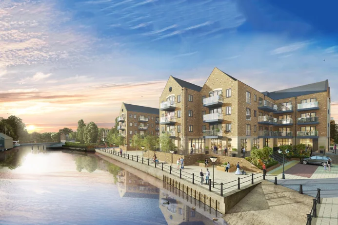 CGI generated image of waterfront apartments at dawn